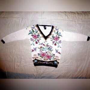 Beldoch Popper Sweater Vintage M V-Neck Floral 80s